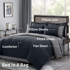 Kingsley trend 7-Piece Queen Comforter Set - Queen Sized Bed-in-a-Bag, Two Tone Reversible Grey Bedding Sets with Comforter, Flat & Fitted Sheets, Pillow Shams & Cases, All Season, Machine Washable
