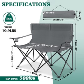 Leonyo Double Camping Chair, Loveseat Camping Chair with Folding Camping Table, 2 Person Outdoor Folding Camping Chairs for Adults, Cup Holders & Carry Bag for Outside Travel, Supports 500lbs, Grey