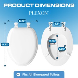 Plexon Soft Cushioned Toilet Seat, Easy-Clean & Change Hinge, 1 Pack Elongated, White