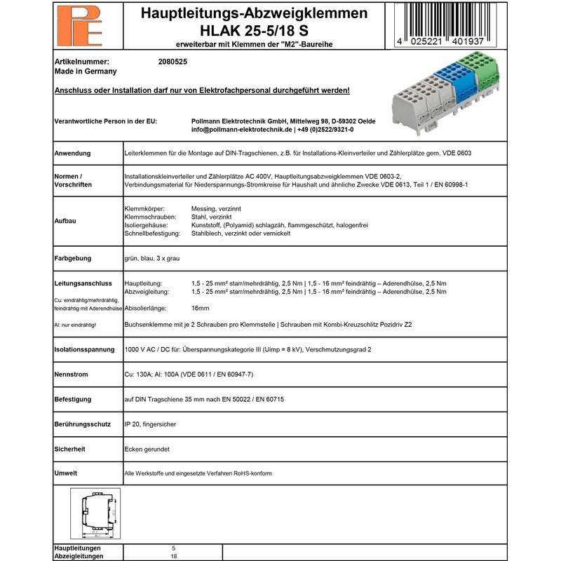 Pollmann Main Cable Junction Terminal HLAK 25-5/18 S, Pack of
