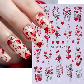 Valentine's Day Nail Art Stickers 3D Nail Decals Red Heart Shape Nail Sticker Romantic Valentine's Day The Giving Tree Nails Art Decoration for Women Girls Valentine's Day DIY Nail Charms 6 Sheet