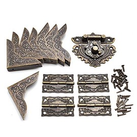 Antique Heart-Shaped Hasp Latch Vintage Engraved Mini Hinge and Bronze Box Corner Protectors with Matching Screws for Repair and Decorative Jewelry Box