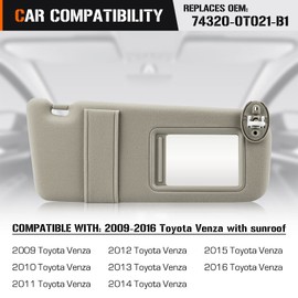 Right Passenger Side Sun Visor with Light for Toyota Venza 2009 2010 2011 2012 2013 2014 2015 2016 with Sunroof Beige Sunvisor Replacement 74320-0T021-B1