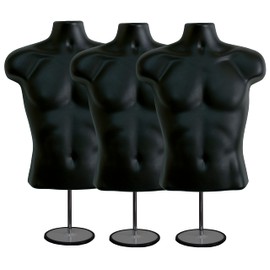 DisplayTown Male Mannequin Torso with Metal Stand Hollow Back Body Stackable Dress Form for Tshirt Display, Countertop, Craft Shows, Photos and Design, S-M Clothing Size (Black, Set of 3)
