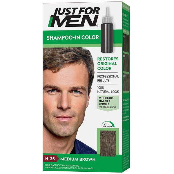Just For Men Shampoo-In Color (Formerly Original Formula), Gray Hair Coloring for Men - Medium Brown, H-35 (Packaging May Vary)