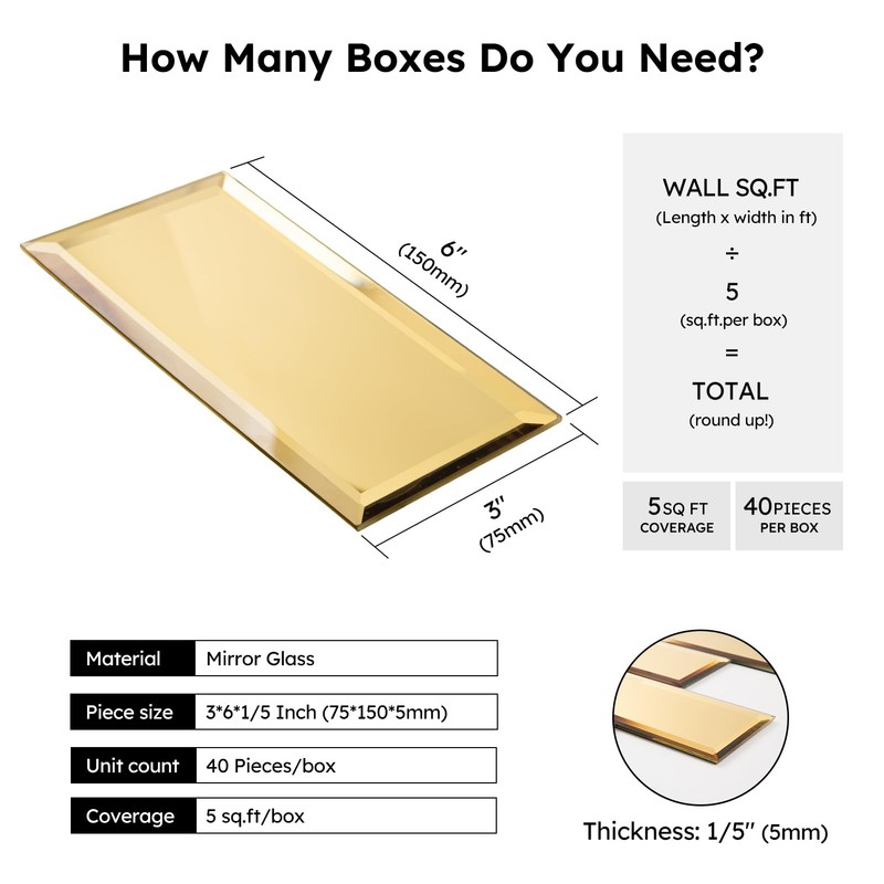 Diflart Peel and Stick Mirror Backsplash, Gold, 3x6 Inch, Beveled