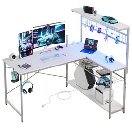 Bestier Gaming Desk 51" L-Shaped, with Power Outlets & LED Lights- 4 Tier Shelves, Reversible Gamer Table with Hooks & Cup Holder for Home Office,Carbon Fiber White
