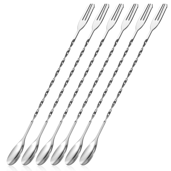 Cocktail Spoon, Bar Spoon, Stainless Steel Cocktail Mixing Spoon, Fork, Long Spiral Pattern, Cocktail Mixing Spoon, 32 cm, Pack of 6 (Silver)