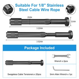 RailinGo 20Pack 1/8" Swageless Cable Railing Tensioners, Black Cable Railing Kits for 2"x2" Wood Post&Metal Post, 316 Stainless Steel Invisible Cable Railing Fittings for Deck Stair Railing, RG08