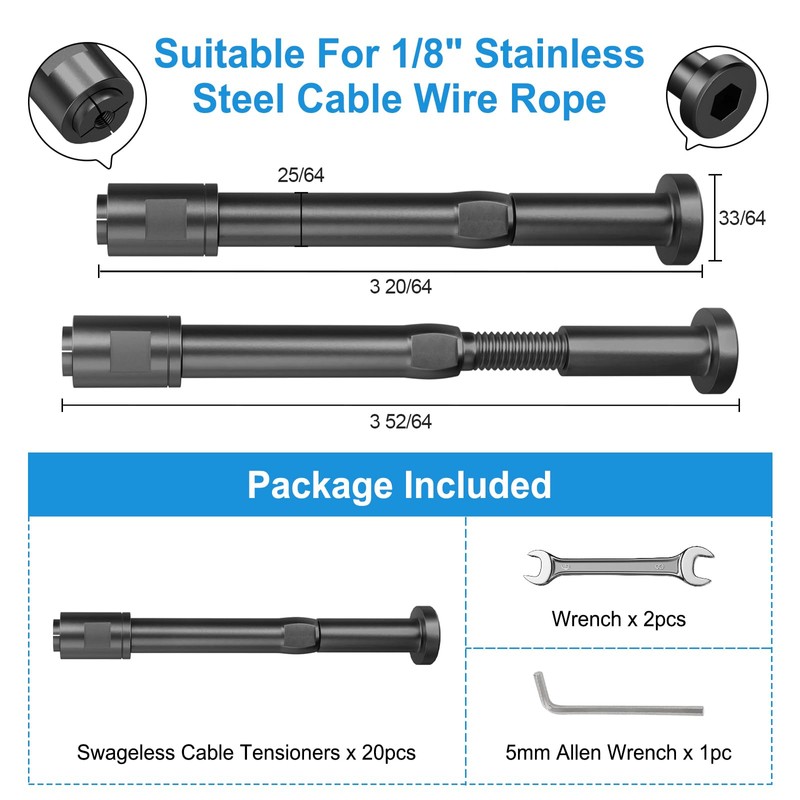 RailinGo 20Pack 1/8" Swageless Cable Railing Tensioners, Black Cable Railing