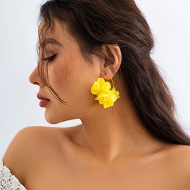 Boho Camellia Huggie Earrings Beach Large Colorful Flower Hoop Earrings Statement White Floral Hoop Earrings Elegant Jewelry for Women - Yellow