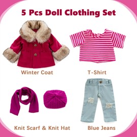 Rakki Dolli American - Juego de ropa de muñeca de 18 pulgadas, juego de 5 piezas de chamarra rojo de moda incluye chamarra cálido, camisa, jeans, sombrero de punto rosa y bufanda de punto, trajes