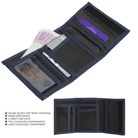 Woodland Leathers Sports Wallets for Boys, Trifold Men Canvas Wallet with Coin Pocket and Credit Card Holder, Waterproof Teenagers Folder Wallet with Chain, Hook or Classic (Sport, Navy)