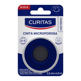 Curitas Cinta Microporosa color Blanca de 2.5 cm x 4.5 cm, Transpirable, de fácil colocación, se desprende sin dolor, ideal para dar soporte y fijación, 1 pieza