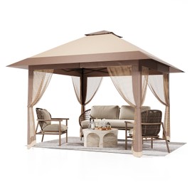 Pop Up Gazebo 13x13FT Canopy Tent with Mosquito Netting, Outdoor Patio Gazebo with 3 Adjustable Heights, Tent Shelter Quick Setup Backyard Tent for Party,Wedding (Khaki)
