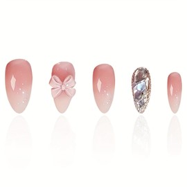 UEYRSEDB Bow Press on Nails Medium Almond Fake Nails with 3D Pink Bow Design Rhinestone Charms False Nails French Tip Glue on Nails Pink White Ombre Artificial Stick on Nails for Women Girls 24Pcs