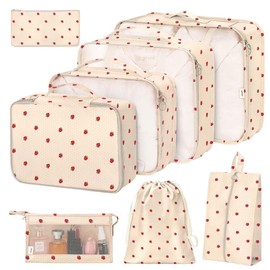 8 Set Packing Cubes for Suitcases,Suitcase Organizer with Shoe,Cosmetics,Clothing, and Accessories Bags for Travel Luggage Organizer Women Men(Beige Small Strawberry)