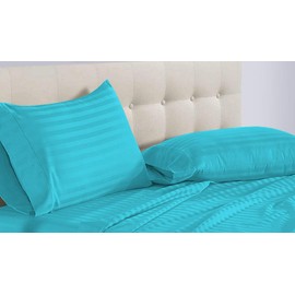 400 Thread Count Luxury King Size, Egyptian Cotton 1 Pc Flat Sheet 100% Egyptian Cotton Premium Long Staple Color Turquise StripePattern