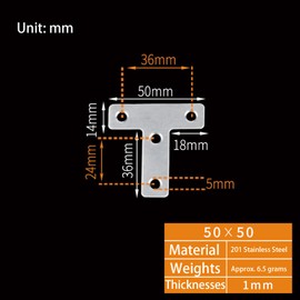 10Pcs Flat T Corner Bracket 50mm x 50mm Stainless Steel Joining Brace Brackets Mending Plates for Wood Shelf Cabinet Table Chair (Silver)