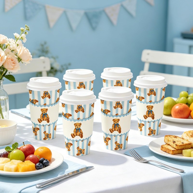 50 Sets Bear Coffee Cups with Lids Sleeves 16 Oz