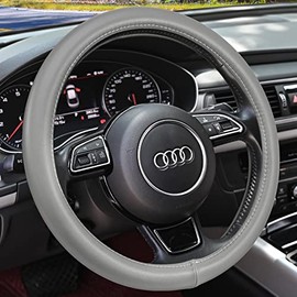 Haokay Heavy Duty Pure Cowhide Steering Wheel Cover SUV Car, Gray Genuine Leather Steering Wheel Cover Men Women Universal 14.5 to 15 Inch
