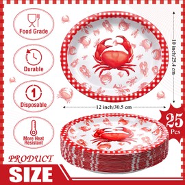 Havawish 25 Pcs Crab Oval Paper Plates 10" X 12" Disposable Red Gingham Crab Party Plates Lobster Tray Summer Seafood Boil Tableware Crawfish Dessert Platters for BBQ Picnic Cookout Decor
