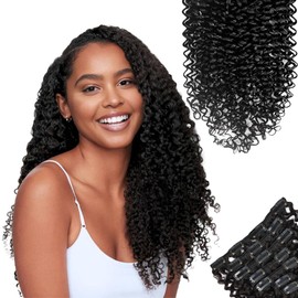 SIYUSI Kinky Curly Clip In Extensions, Luxurious Thickness, Premium Brazilian Remy Hair Clip Ins, Invisible & Scalp-Friendly, Natural Black Color, 4.23oz, 7Pcs (22 Inch)