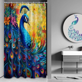 puuiui Peacock Shower Curtain Blue Art Feather Watercolor Floral Asian Bathroom Decor, Waterproof Cloth Fabric with Hooks, 36x72 inch