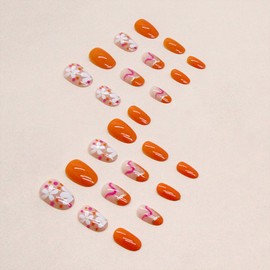 Short Almond Press on Nails Orange Flower Fake Nails Short Oval False Nails with Designs Line Glitter Glue on Nails Full Cover Acrylic Nails Stick on Nails for Women Girls Decoration 24Pcs