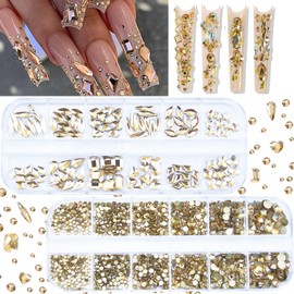 2120 Pcs Champagne Gold Crystal Nail Charms Rhinestones Round Beads Flatback Glass Gems Stones Multi Shapes Sizes Gold Rhinestones Nail Crystals for Nail DIY Crafts Clothes Shoes Jewelry