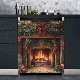 RTHDG Christmas Fireplace Dishwasher Magnetic Cover Panels Decal, Winter Stove Magnet Door Cover for Refrigerator Appliances, Christmas Stockings Dishwasher Magnetic Sticker, Magnetic 23" x 26"