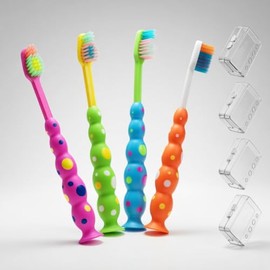 VERSAINSECT brushes 4 Pack, Flossing Bristles Child Sized Brush Heads (3-10 Year Old), Suction Cup for Fun & Easy Storage, Girl & Boy Set, Plaque Remover Brushes Individually Wrapped