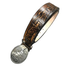 Deer Design Handmade Mens Leather Belt with Deer Buckle Western Work Casual Belt 1.5" Wide Cocoa Brown (32)