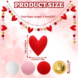 FYSUIMU 8.2Ft Valentine's Day Felt Heart Garland Banner Red Pink White Pom Pom 3D Heart Shape Garland Valentines Decorative Romantic Hanging for Home Mantel Wall Fireplace Decor