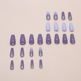 Spring Press on Nails Coffin Fake Nails Light Purple False Nails with White Flower Glitter Designs Purple Glue on Nails Summer Stick on Nails Cute Acrylic Nails Full Cover Glossy Artificial Nails