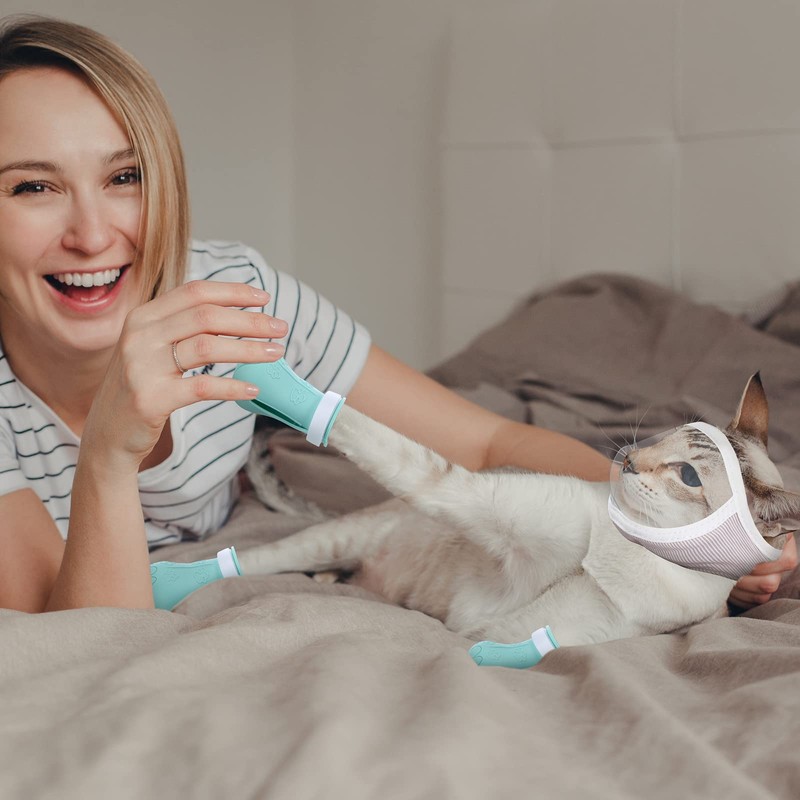 Hillban Cat Muzzle for Grooming with 4 Silicone Boots Breathable
