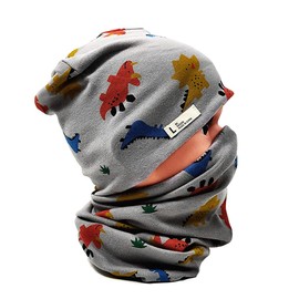 FUYAO Baby Kids Cotton Hat and Tube Scarf Set Children Toddler Spring Autumn Winter Warm Beanie Cap Scarves for Boys and Girls (Dinosaur Grey, 3-6 Years)