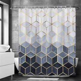 AOFOTO Geometric Cube Shower Curtain Grey Color Block Gold Line Honeycomb Hexagon Printed Bathtub Bath Curtains Modern Art Shower Curtain Waterproof Bathroom Home Decor with Hooks 72x72 Inch