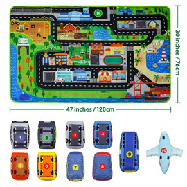 Dr.Rapeti Soft Toy Car Set for Babies Infants Toddlers Kids 1 Oversize Play Mat 10 Soft Toy Cars 47x30inches Washable Non-Toxic