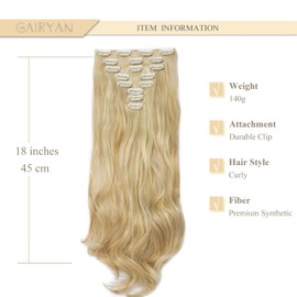 Gairyan Clip-In Hair Extensions, Wavy Long Synthetic Hairpieces, Clip-In Hair Extensions, Wavy 45 cm, Curly Synthetic Hair for Women, Dark Blonde & Bleach Blonde