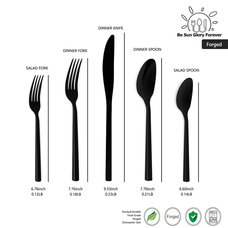 Cubic Black 20-Piece Silverware Set, 18/10 Forged Stainless Steel Flatware,