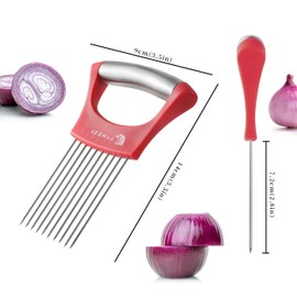 2PCS Onion Slicer Holder, XZZWLL Stainless Steel Onion Cutter for Slicing and Storage Onions, Tomato, Eggs and Vegetables, Protective Cover Included, Dishwasher Safe (Stylish Orange+ Red Color)