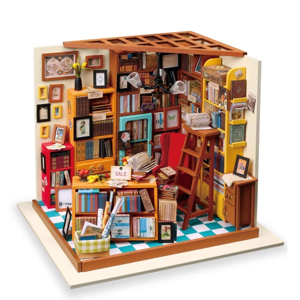 Rolife Dollhouse DIY Miniature Room Set-Woodcraft Construction Kit-Wooden Model Building Set-Mini Library Play Set-Christmas Birthday Gifts for Boys Girls Women Friends (Sam's Study)