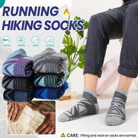 Eyean Merino Wool Ankle Running Socks Men Women Hiking Thick Half Cushioned Support No Show Socks 6 Pairs (Black/Grey/Blue, Medium)