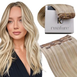 RUNATURE Clip in Human Hair Extension Ash Blonde Highlight Platinum Blonde Hair Extensions Blonde Straight Remy Clip Hair 16 Inch 50 Gram 3PCS #18AP60