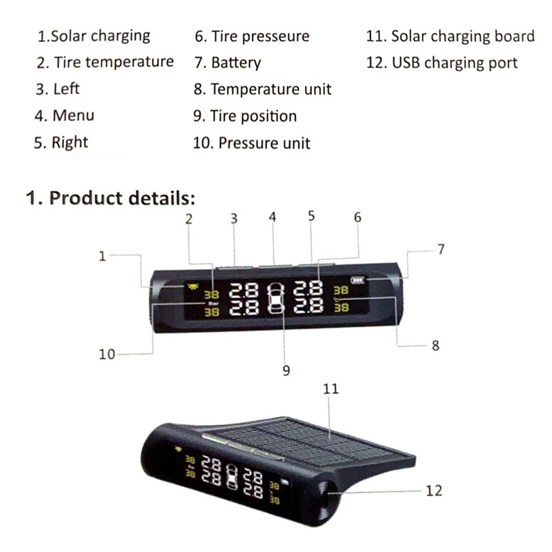 Solar Wireless Car Tire Pressure Monitoring System with 4 External