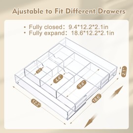 Briwooody Expandable Desk Drawer Organizer Maximum 12 x 18 Inches Acrylic Drawer Organizer Trays with 8 Adjustable Compartments Desk Accessories for Makeup Silverware Office Bathroom(Clear)