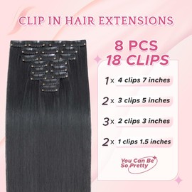 SEGO Pro Clip in Hair Extensions 8 Pcs 18 Clips Full Head Synthetic Fiber Hair Pieces for Women, Straight 23 Inch (Dark Black)