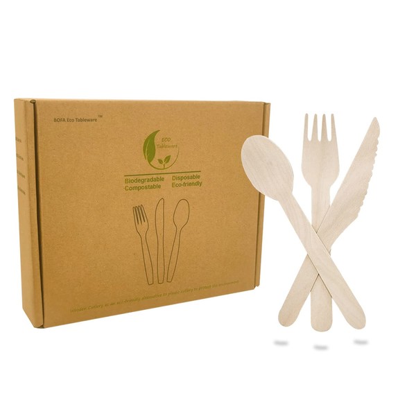 Disposable Wooden Cutlery Set 200 Counts (100 Forks 50 Spoons 50 Knives) - Alternative to Plastic Cutlery, 100% Biodegradable Compostable Natural Wooden Utensil Set for Travel Camping Picnic