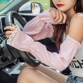 Women's Summer Driving Arm Sleeves: Thin Chiffon with 3D Butterfly Lace for Sun Protection Butterfly [Beige] 10ea